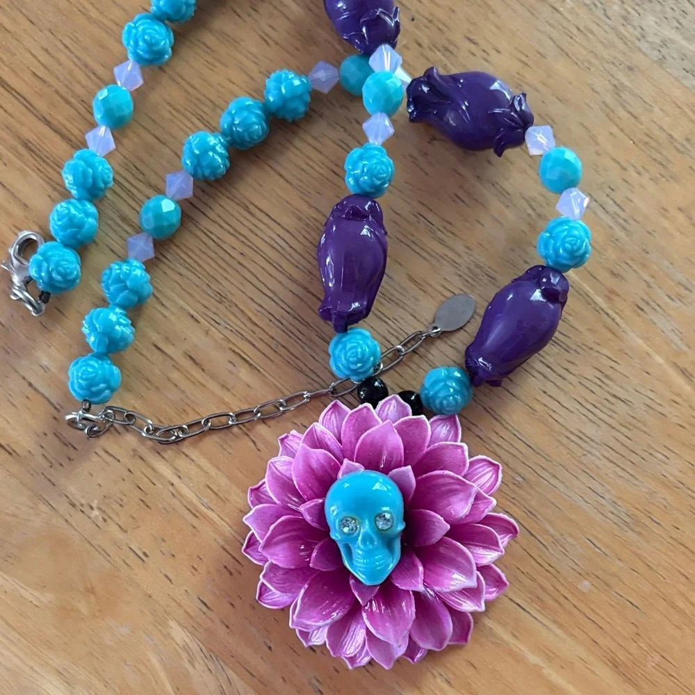 Tarina Tarantino Purple and Blue Floral Skull Necklace - Picture 7 of 7